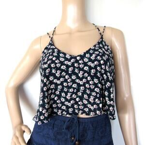 Lucca Couture Women Navy Floral Spaghetti Strap C-Neck Cropped Top Size M